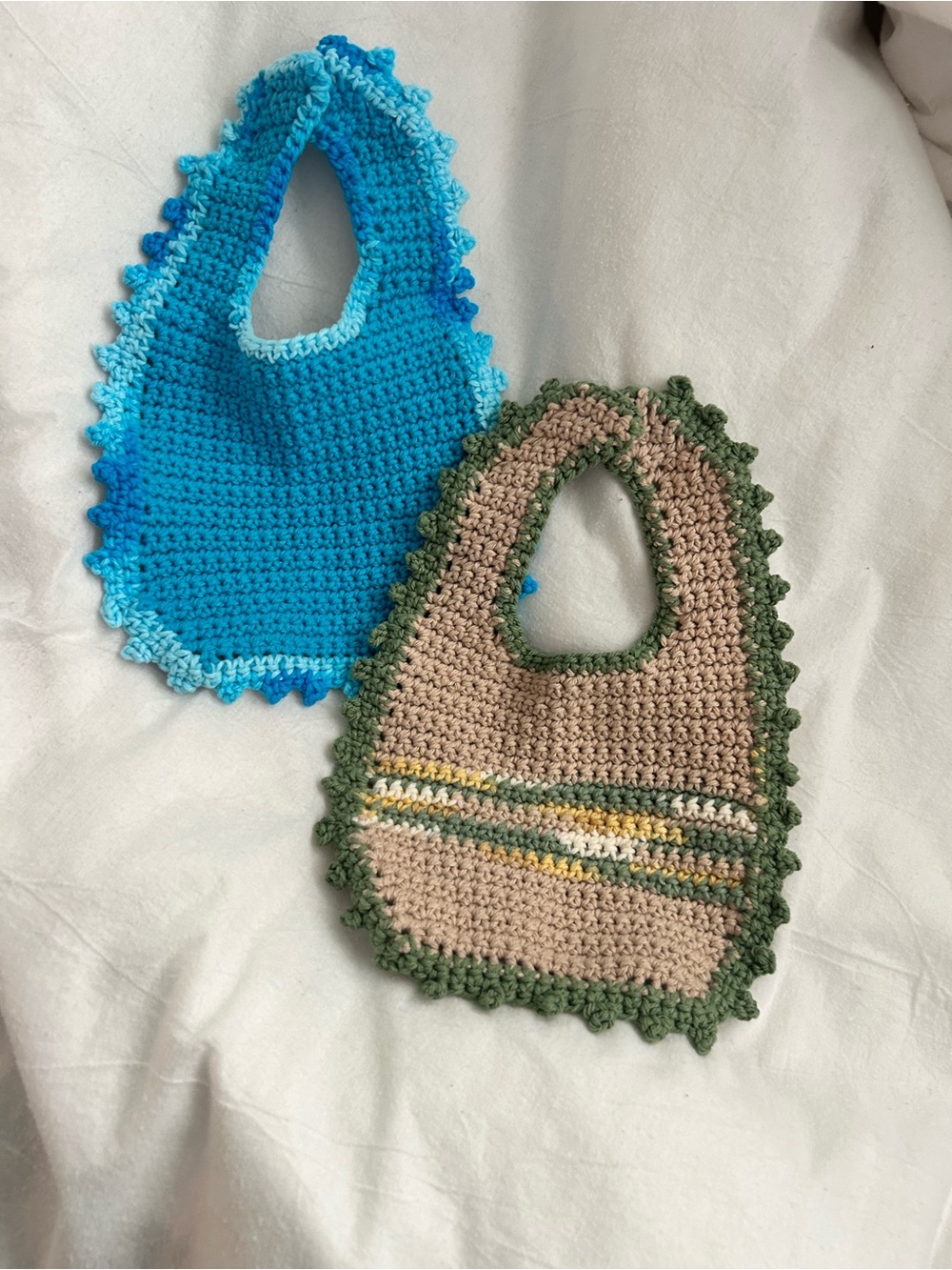 Handmade Crochet Baby Bibs - Blue & Tan